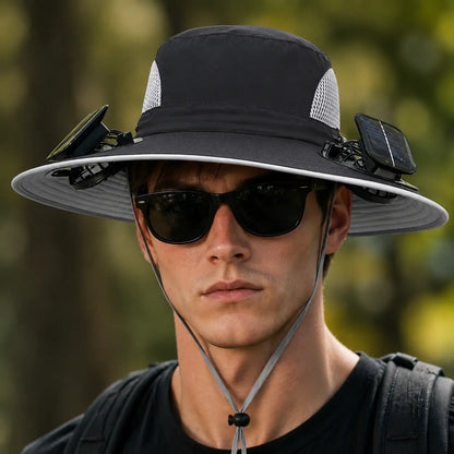 New Solar-Powered Outdoor Cooling Fan Hat — Unisex Solar Fan Sun Hat, Rechargeable Cooling Bucket Hat with Water Resistance for Watching Games, Golf Matches & Outdoor Sports