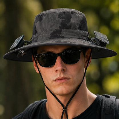 New Solar-Powered Outdoor Cooling Fan Hat — Unisex Solar Fan Sun Hat, Rechargeable Cooling Bucket Hat with Water Resistance for Watching Games, Golf Matches & Outdoor Sports