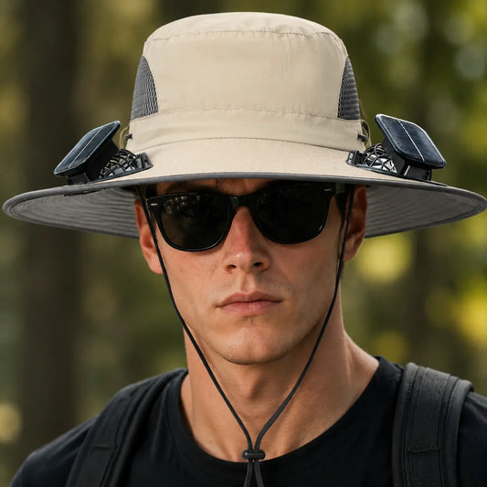 New Solar-Powered Outdoor Cooling Fan Hat — Unisex Solar Fan Sun Hat, Rechargeable Cooling Bucket Hat with Water Resistance for Watching Games, Golf Matches & Outdoor Sports