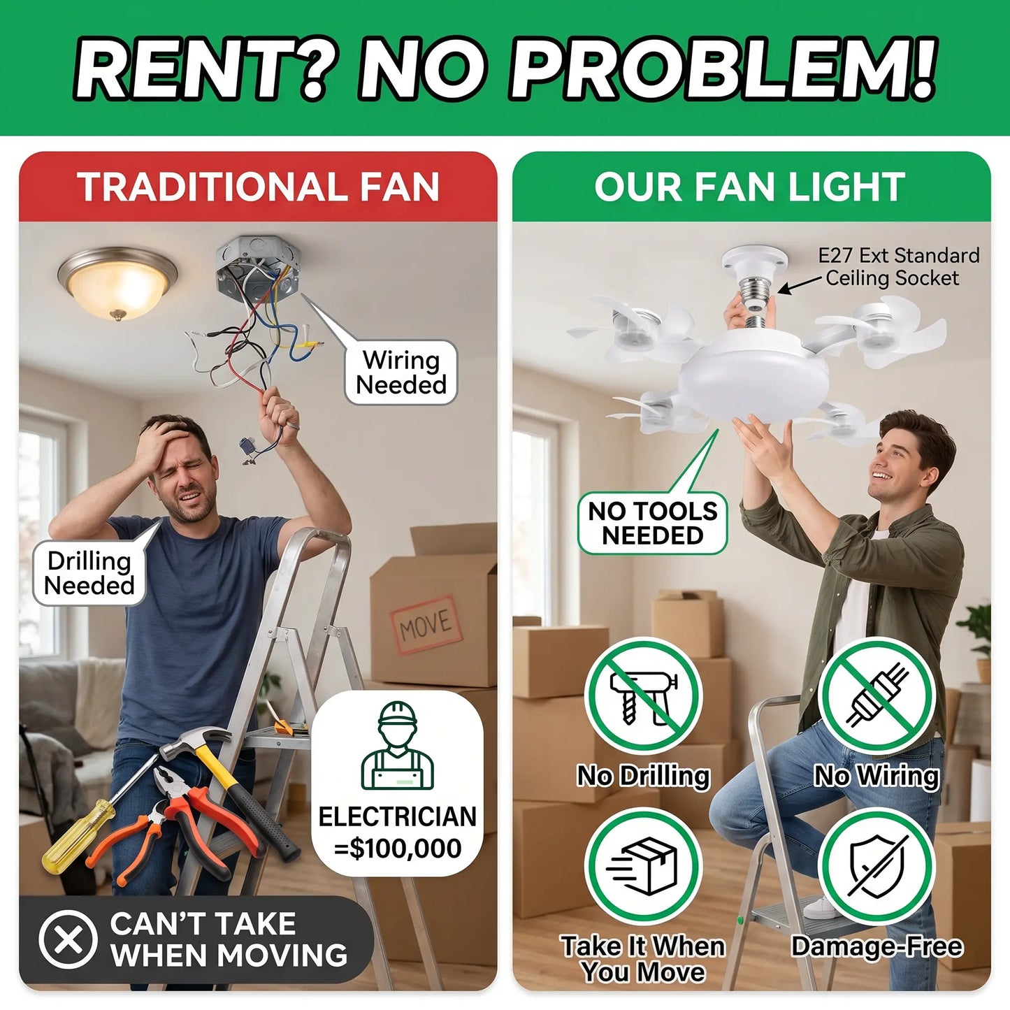[DealsForYouDays] 2-in-1 Drone Fan Light, Silent LED Ceiling Fan with Remote, Energy Saving Lamp for Bedroom Kitchen Rental