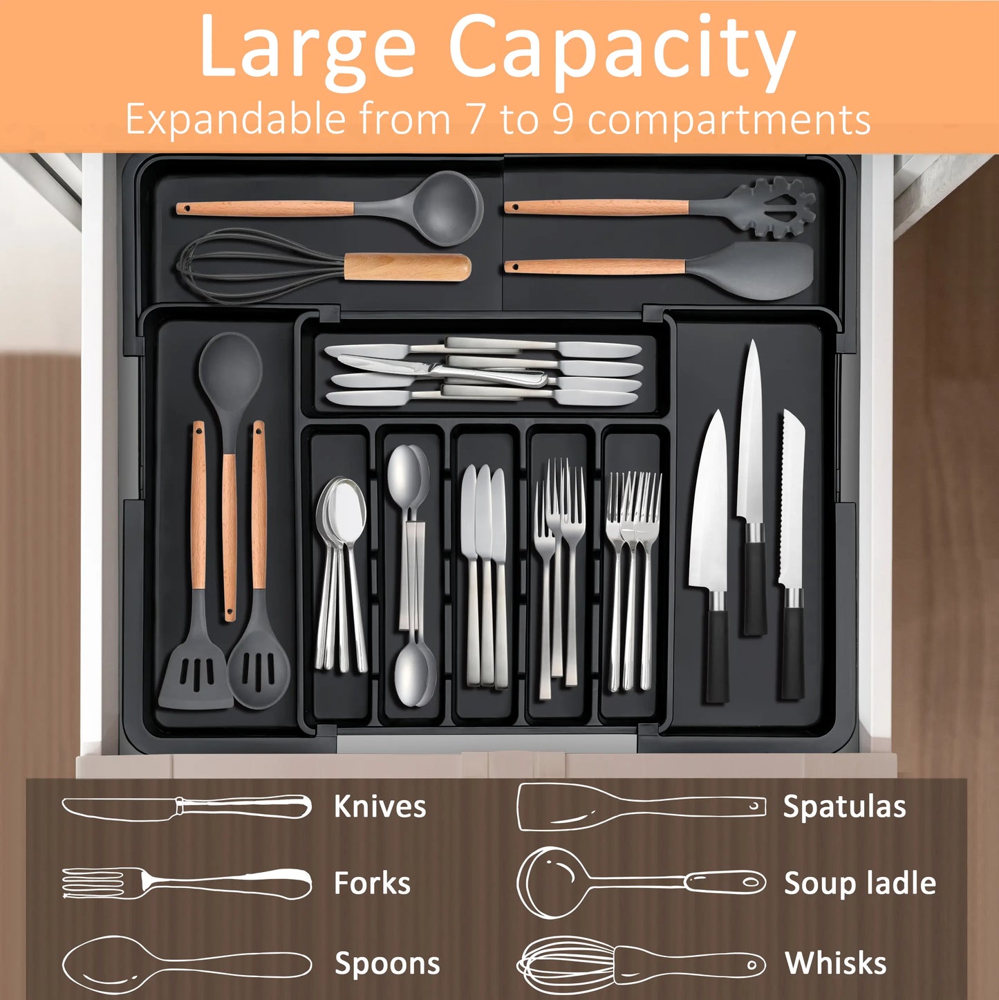 Expandable Kitchen Silverware Organizer, BPA-Free Adjustable Drawer Cutlery Tray for Home Office Makeup