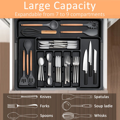 Expandable Kitchen Silverware Organizer, BPA-Free Adjustable Drawer Cutlery Tray for Home Office Makeup