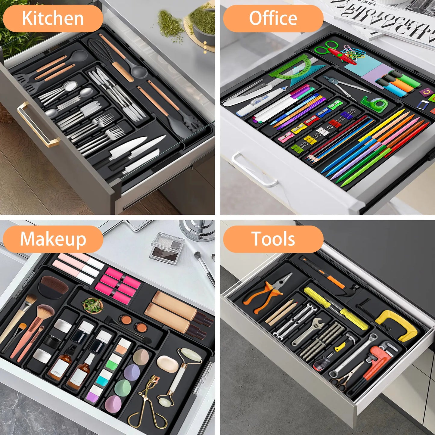 Expandable Kitchen Silverware Organizer, BPA-Free Adjustable Drawer Cutlery Tray for Home Office Makeup