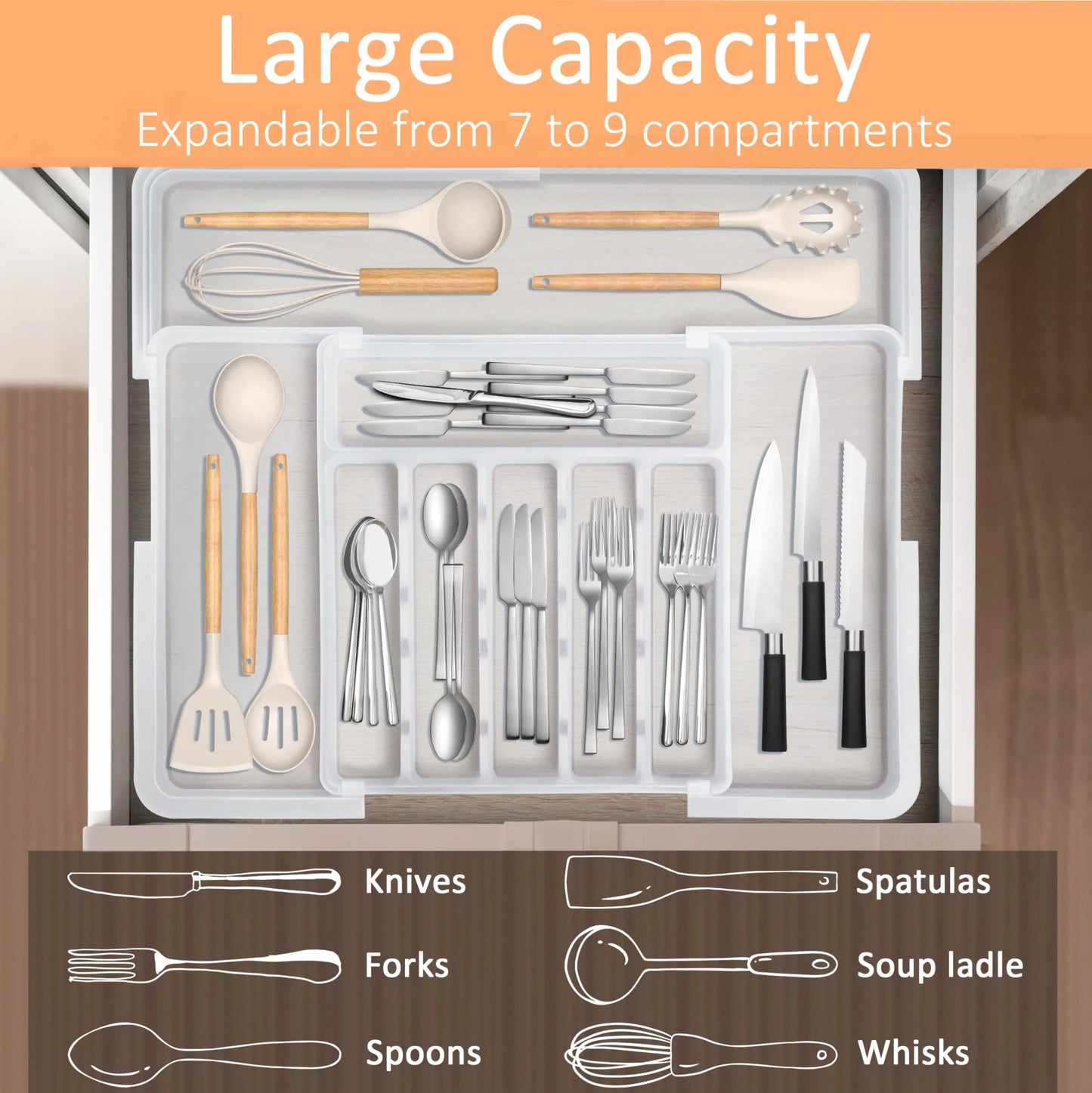 Expandable Kitchen Silverware Organizer, BPA-Free Adjustable Drawer Cutlery Tray for Home Office Makeup