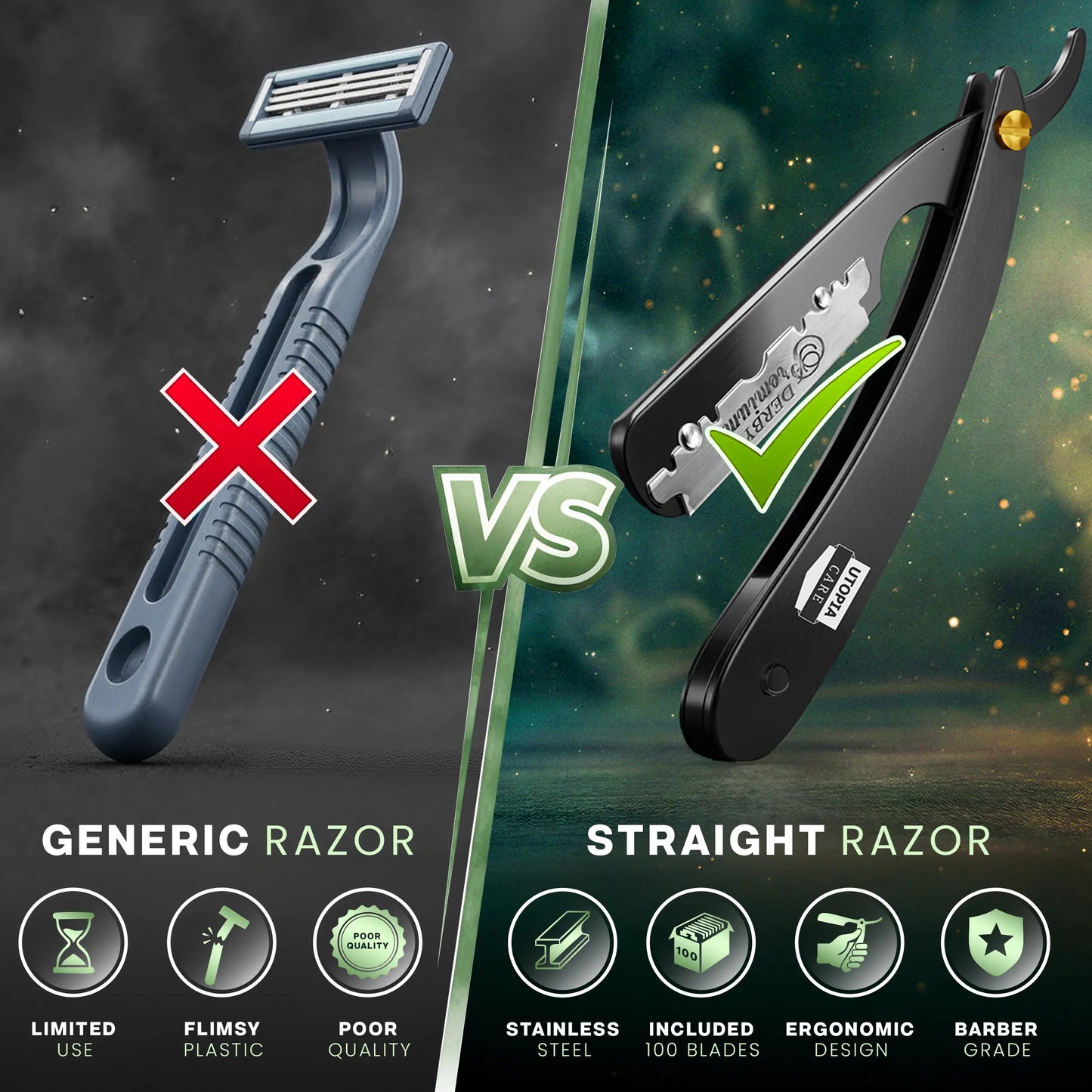 Unisex Barber Straight Razor with 10 Blades, Classic Shaving Tool for Men Women & Grooming Gift