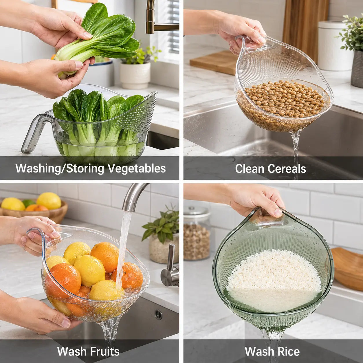 🍚Multi-Use Rice Strainer Bowl, BPA-Free Clear Colander with Handle