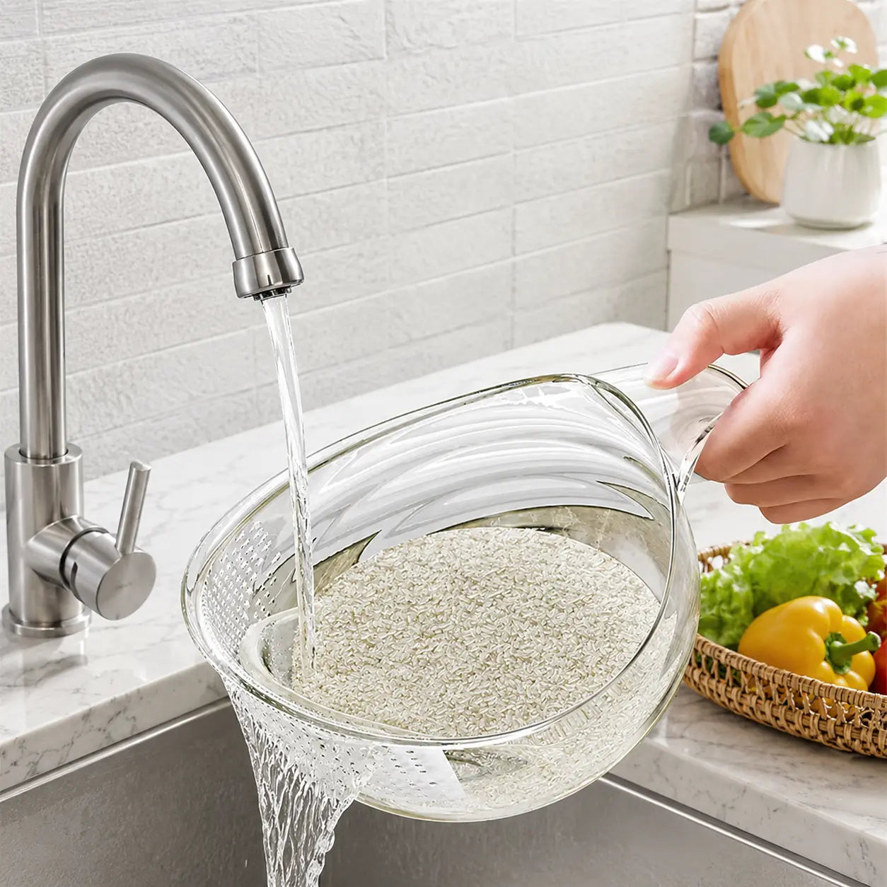 🍚Multi-Use Rice Strainer Bowl, BPA-Free Clear Colander with Handle