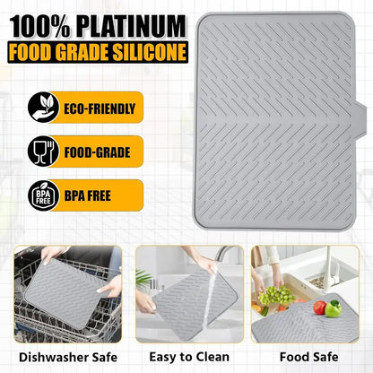 🧺 Silicone Dish Drying Mat, Heat Resistant Non-Slip Foldable Drain Pad with Built-In Drain Lip