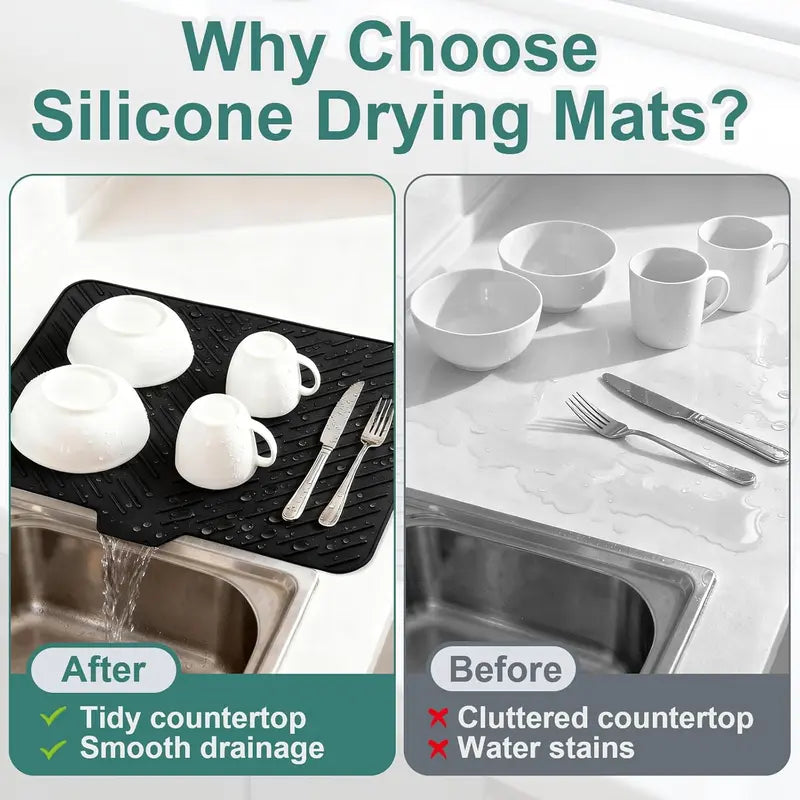🧺 Silicone Dish Drying Mat, Heat Resistant Non-Slip Foldable Drain Pad with Built-In Drain Lip