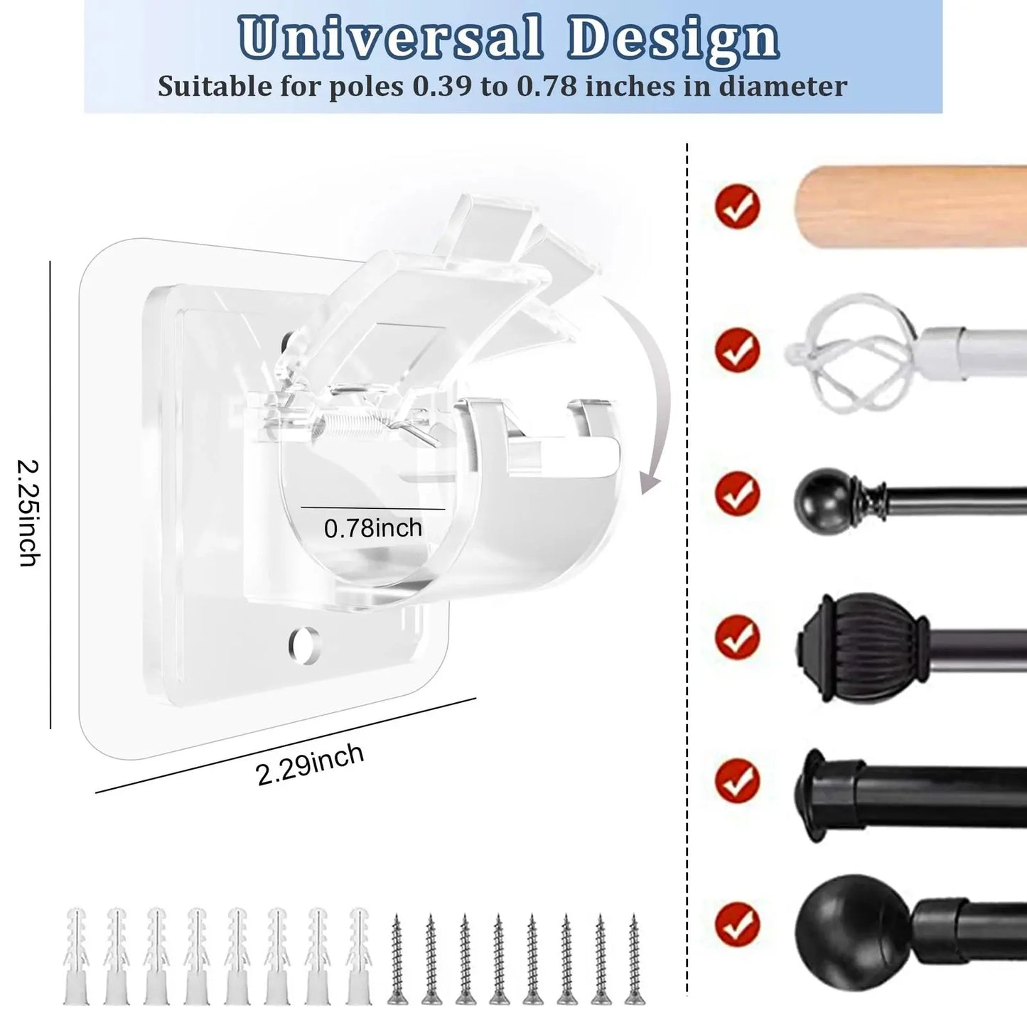 8 Pack Clear Curtain Rod Brackets, Multi-Purpose Adjustable Rod Holders for Home
