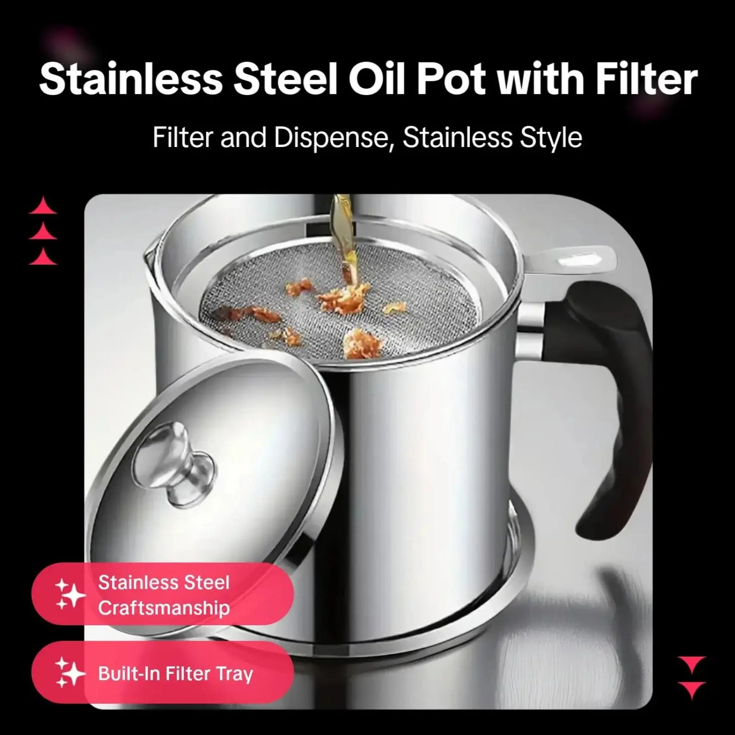 1 Count Stainless Steel Oil Pot with Filter Lid Tray for Grease Storage