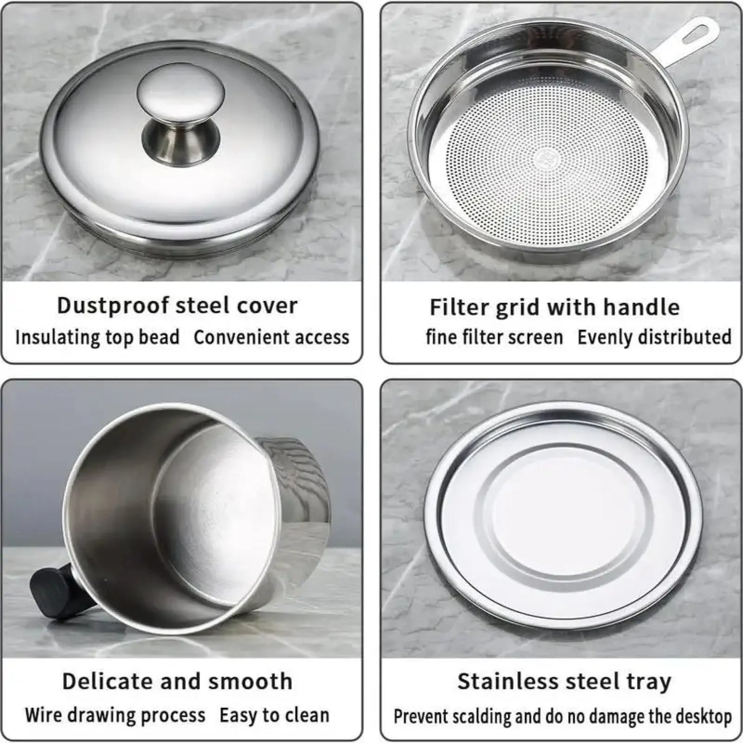 1 Count Stainless Steel Oil Pot with Filter Lid Tray for Grease Storage