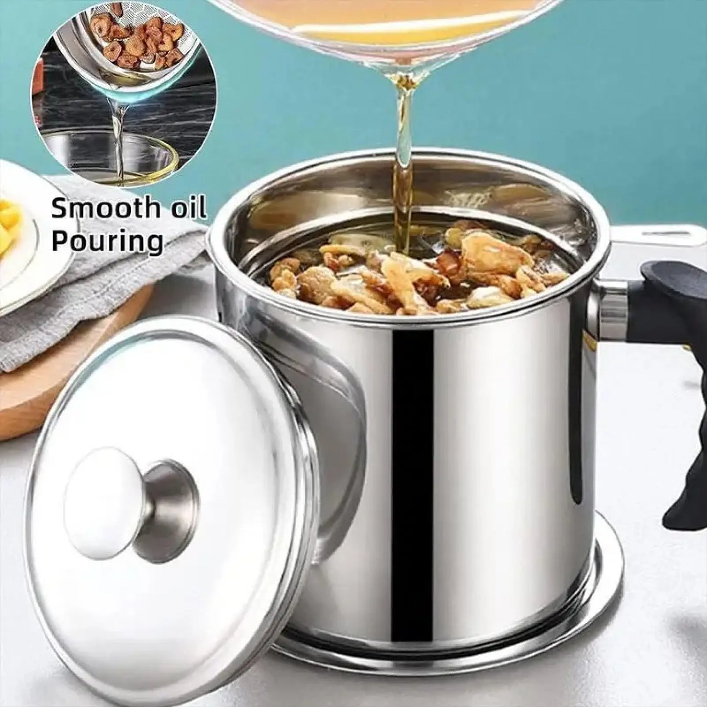 1 Count Stainless Steel Oil Pot with Filter Lid Tray for Grease Storage