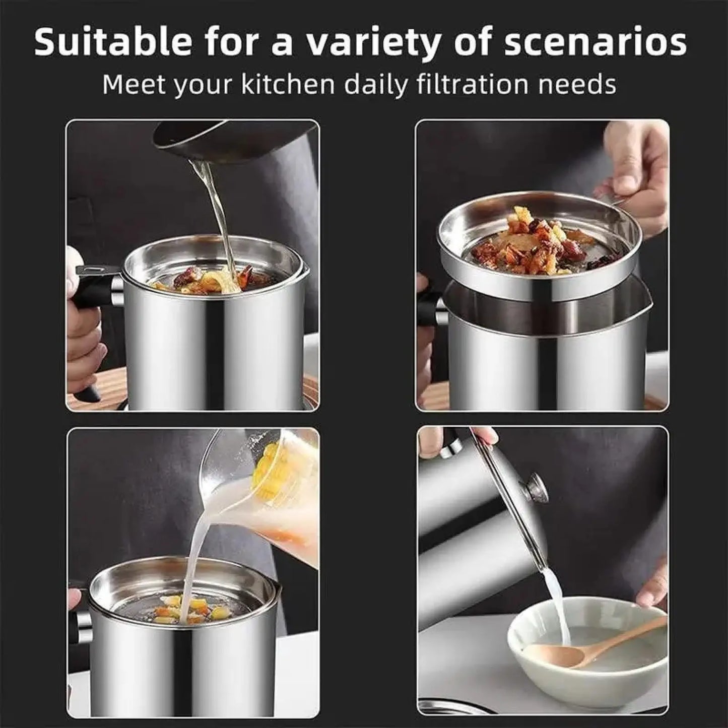 1 Count Stainless Steel Oil Pot with Filter Lid Tray for Grease Storage