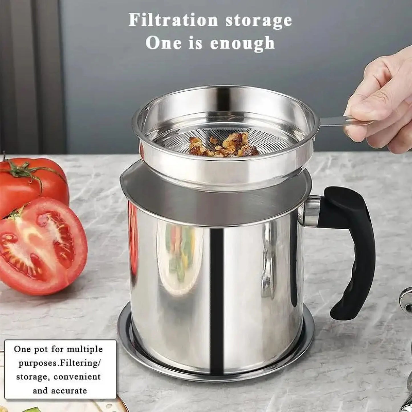 1 Count Stainless Steel Oil Pot with Filter Lid Tray for Grease Storage