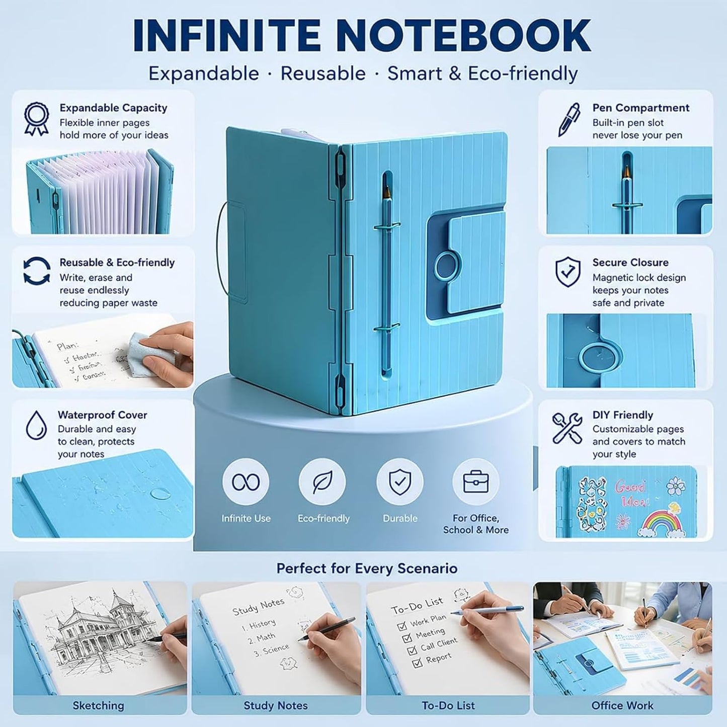 📓 Infinite Expandable Reusable Modular Notebook with Pen Holder, 3D Printed DIY Journal