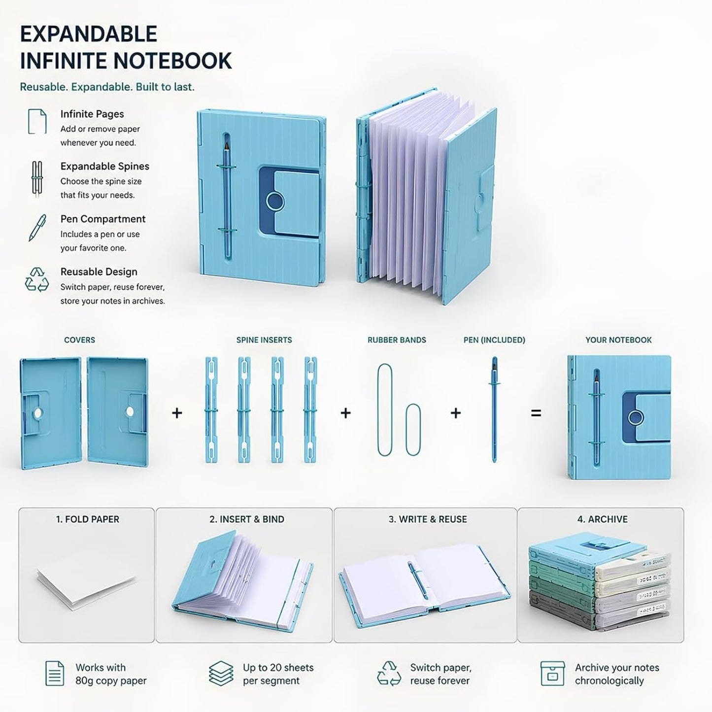 📓 Infinite Expandable Reusable Modular Notebook with Pen Holder, 3D Printed DIY Journal