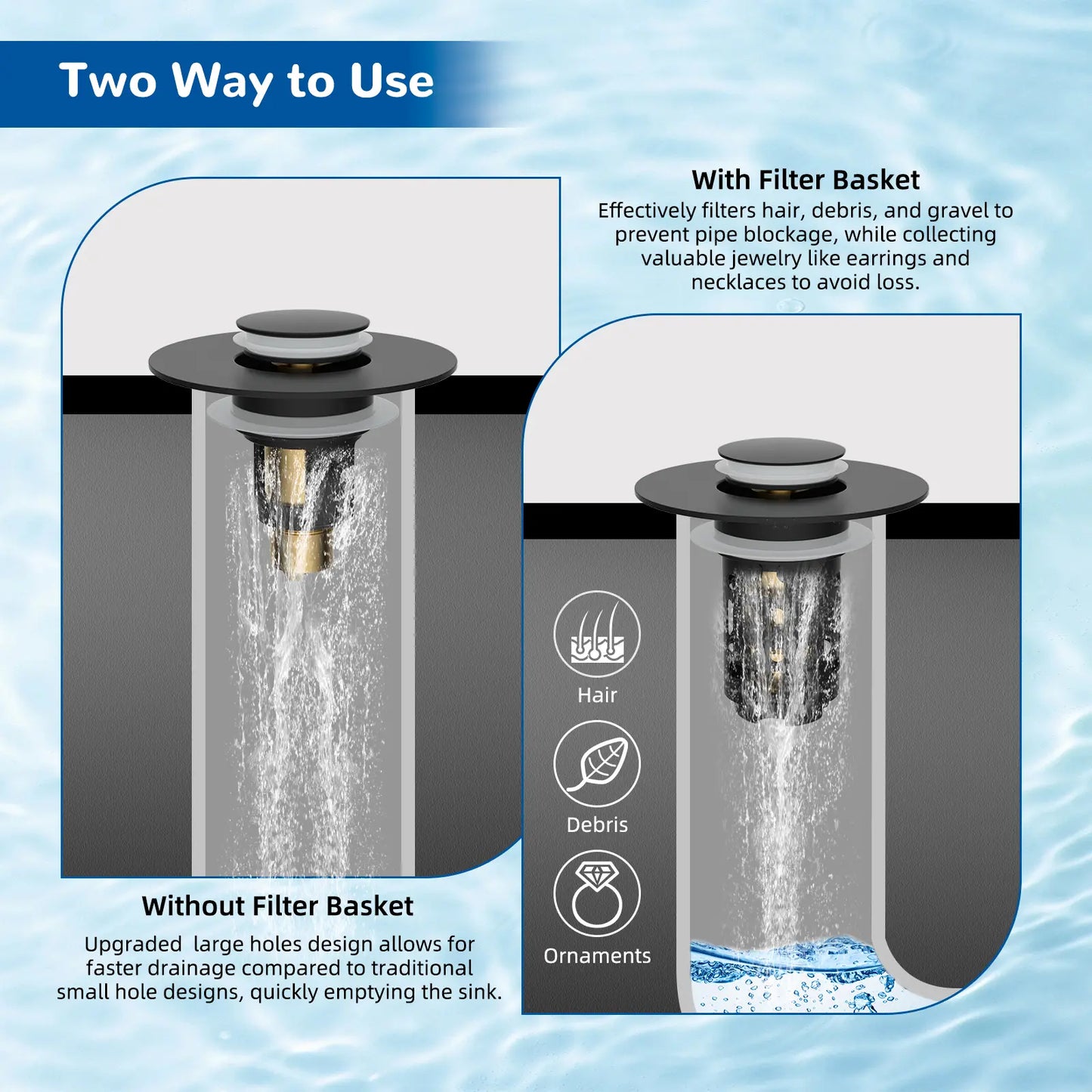 Upgraded Pop Up Sink Drain Stopper, Universal Basin Drain with Removable Hair Catcher Filter Basket