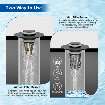 Upgraded Pop Up Sink Drain Stopper, Universal Basin Drain with Removable Hair Catcher Filter Basket