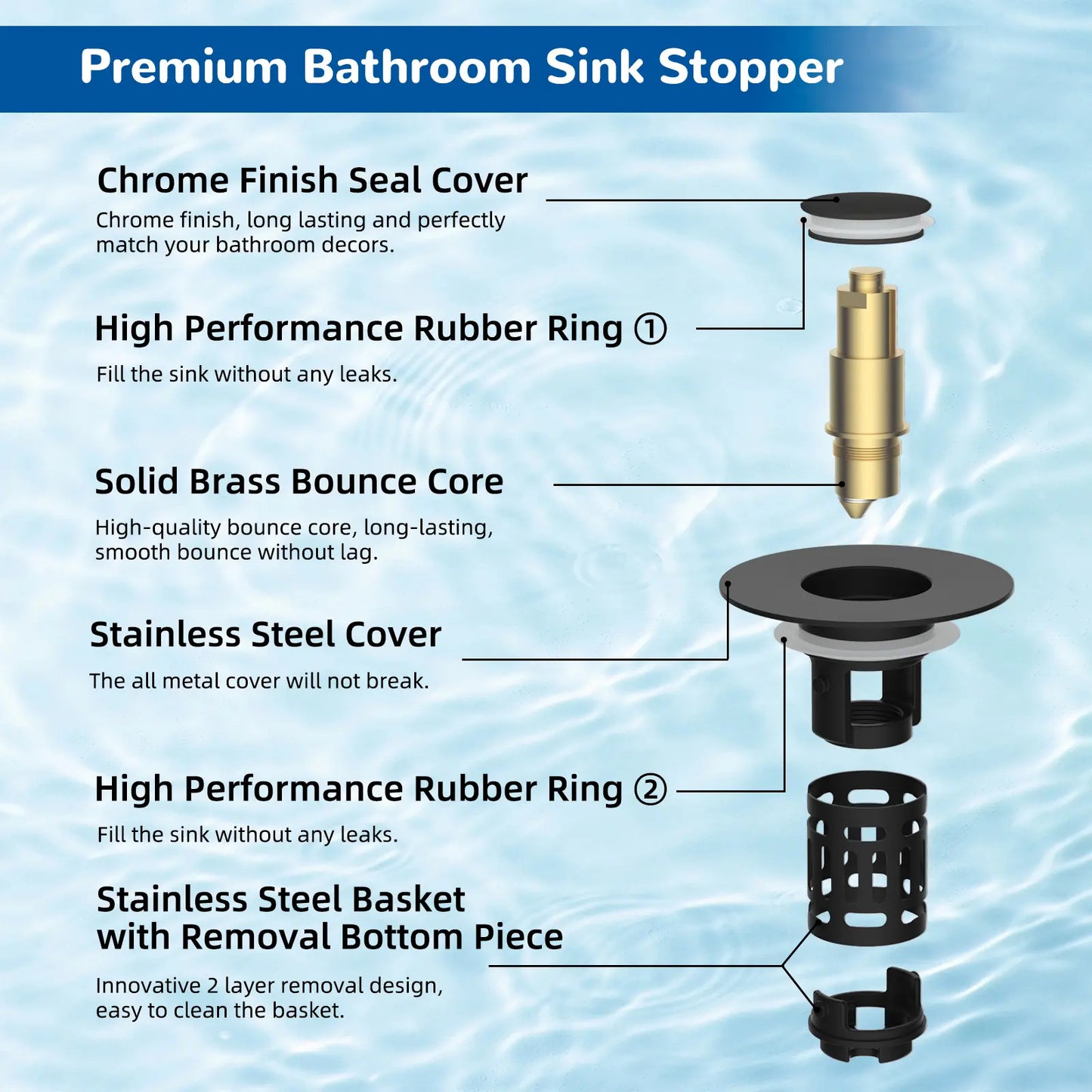 Upgraded Pop Up Sink Drain Stopper, Universal Basin Drain with Removable Hair Catcher Filter Basket