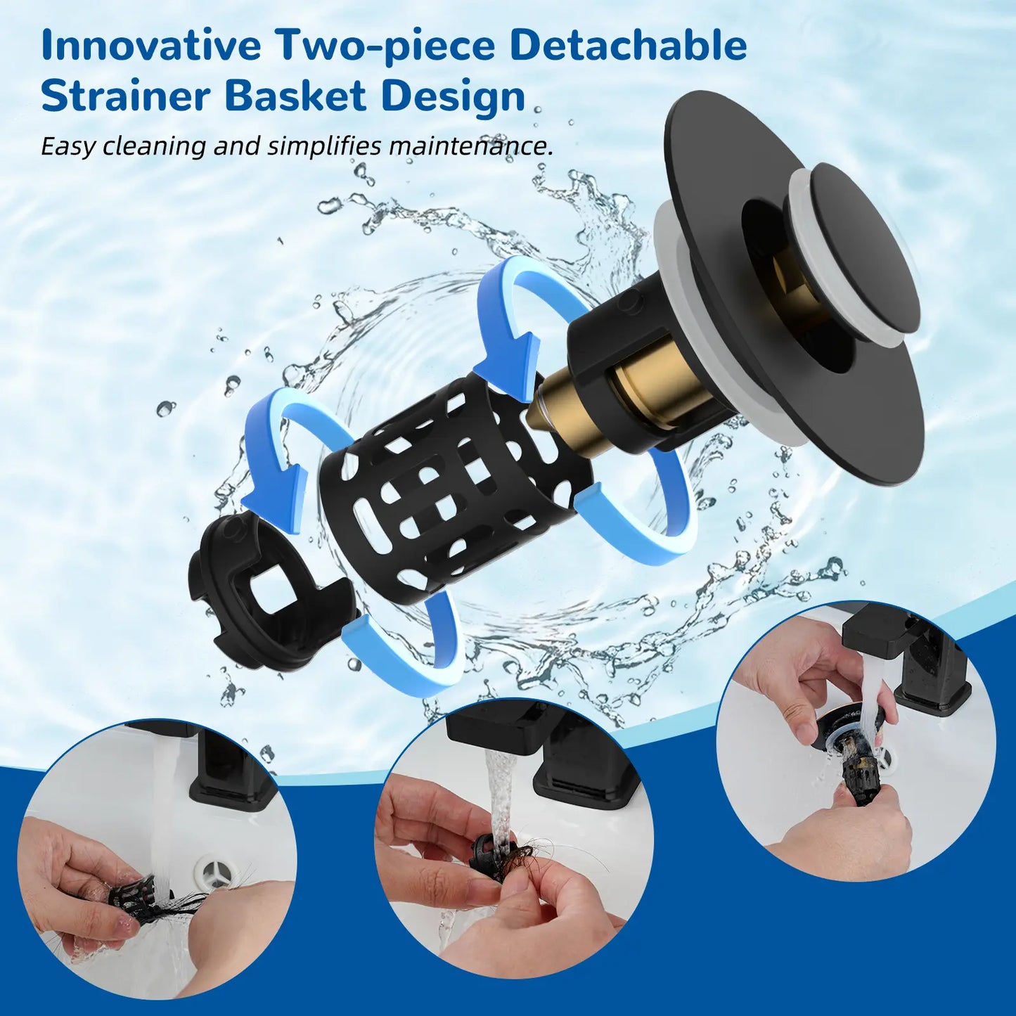 Upgraded Pop Up Sink Drain Stopper, Universal Basin Drain with Removable Hair Catcher Filter Basket