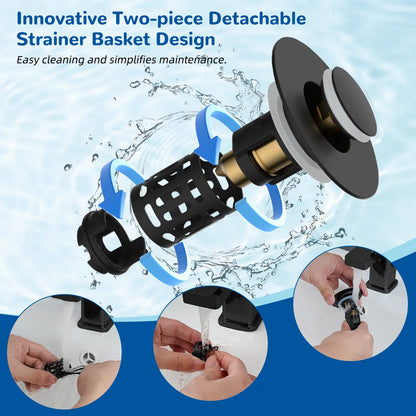 Upgraded Pop Up Sink Drain Stopper, Universal Basin Drain with Removable Hair Catcher Filter Basket