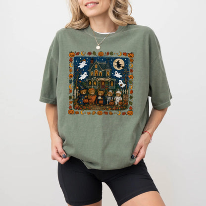 🎃 Vintage Halloween Bears Graphic Tee – Haunted House T-Shirt