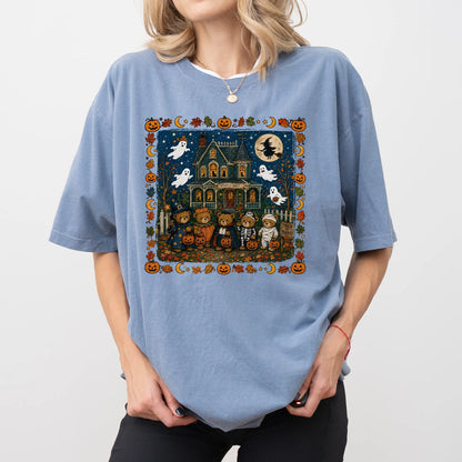 🎃 Vintage Halloween Bears Graphic Tee – Haunted House T-Shirt