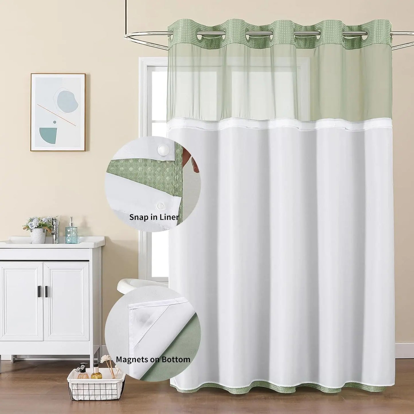 Colorful Star No-Hook Shower Curtain Set with Snap-In Liner