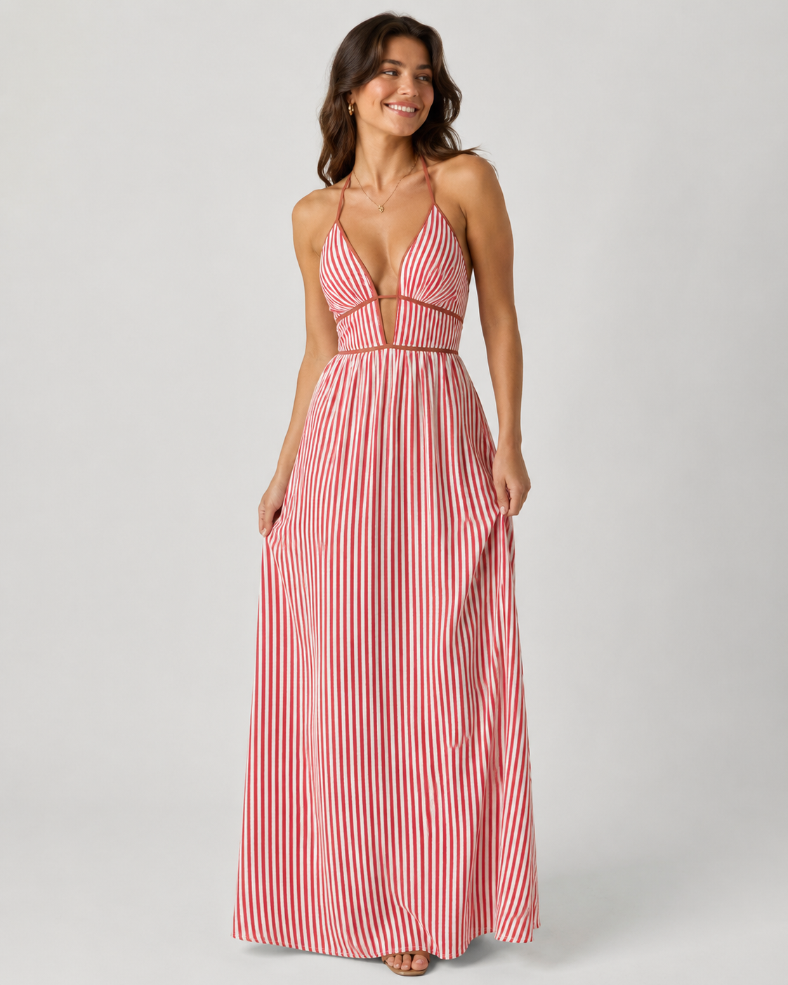 Women’s French Striped Halter Maxi Dress – Deep V-Neck Summer Vacation Dress