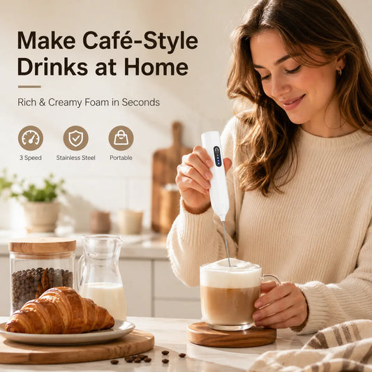 ☕Elektrischer Milchaufschäumer Handheld, USB-C wiederaufladbarer Kaffeeaufschäumer mit 3 Geschwindigkeiten