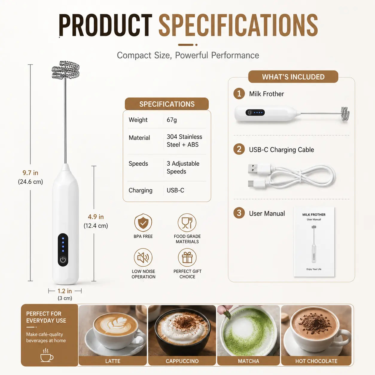 ☕Electric Milk Frother Handheld, USB-C Rechargeable Coffee Frother with 3 Speeds