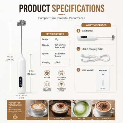 ☕Electric Milk Frother Handheld, USB-C Rechargeable Coffee Frother with 3 Speeds