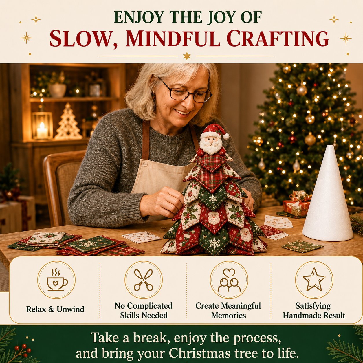 🎅 Santa Claus Patchwork-Baum-Quilt-Set – Einfache geschichtete Stoff-Feiertagsdekoration