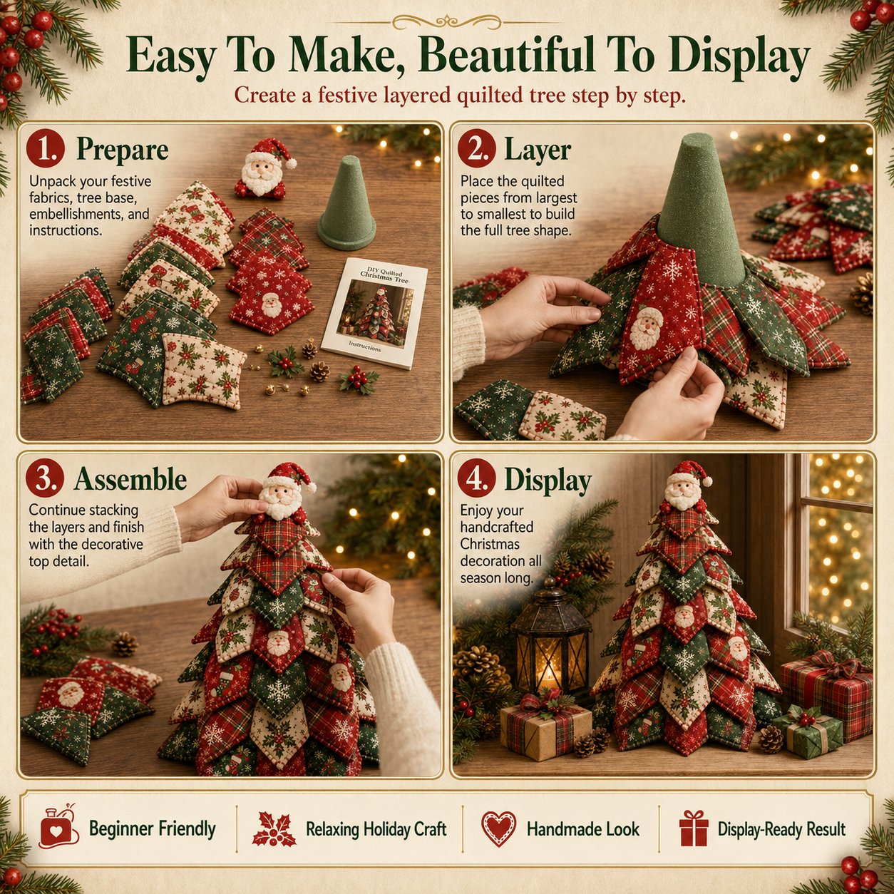 🎅 Santa Claus Patchwork-Baum-Quilt-Set – Einfache geschichtete Stoff-Feiertagsdekoration