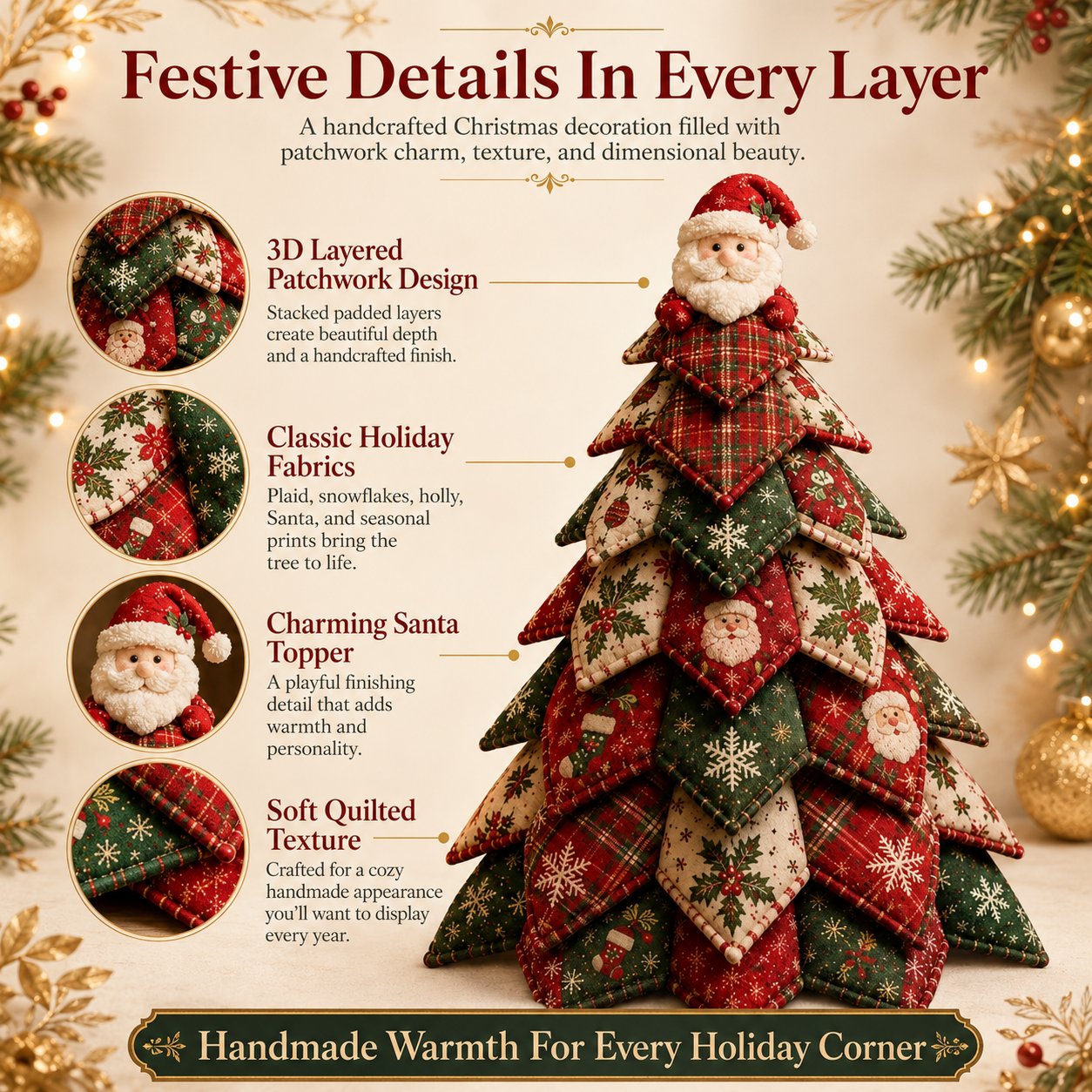 🎅 Santa Claus Patchwork-Baum-Quilt-Set – Einfache geschichtete Stoff-Feiertagsdekoration