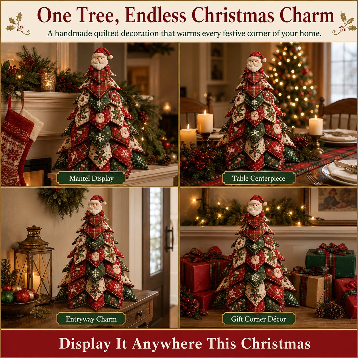 🎅 Santa Claus Patchwork-Baum-Quilt-Set – Einfache geschichtete Stoff-Feiertagsdekoration