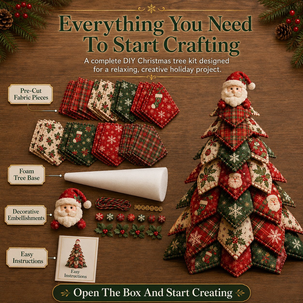 🎅 Santa Claus Patchwork-Baum-Quilt-Set – Einfache geschichtete Stoff-Feiertagsdekoration