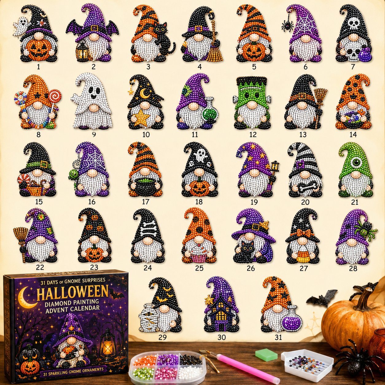 👻 Countdown to Halloween Magic! 🎃✨ 31-Day Gnome Diamond Art Advent Calendar