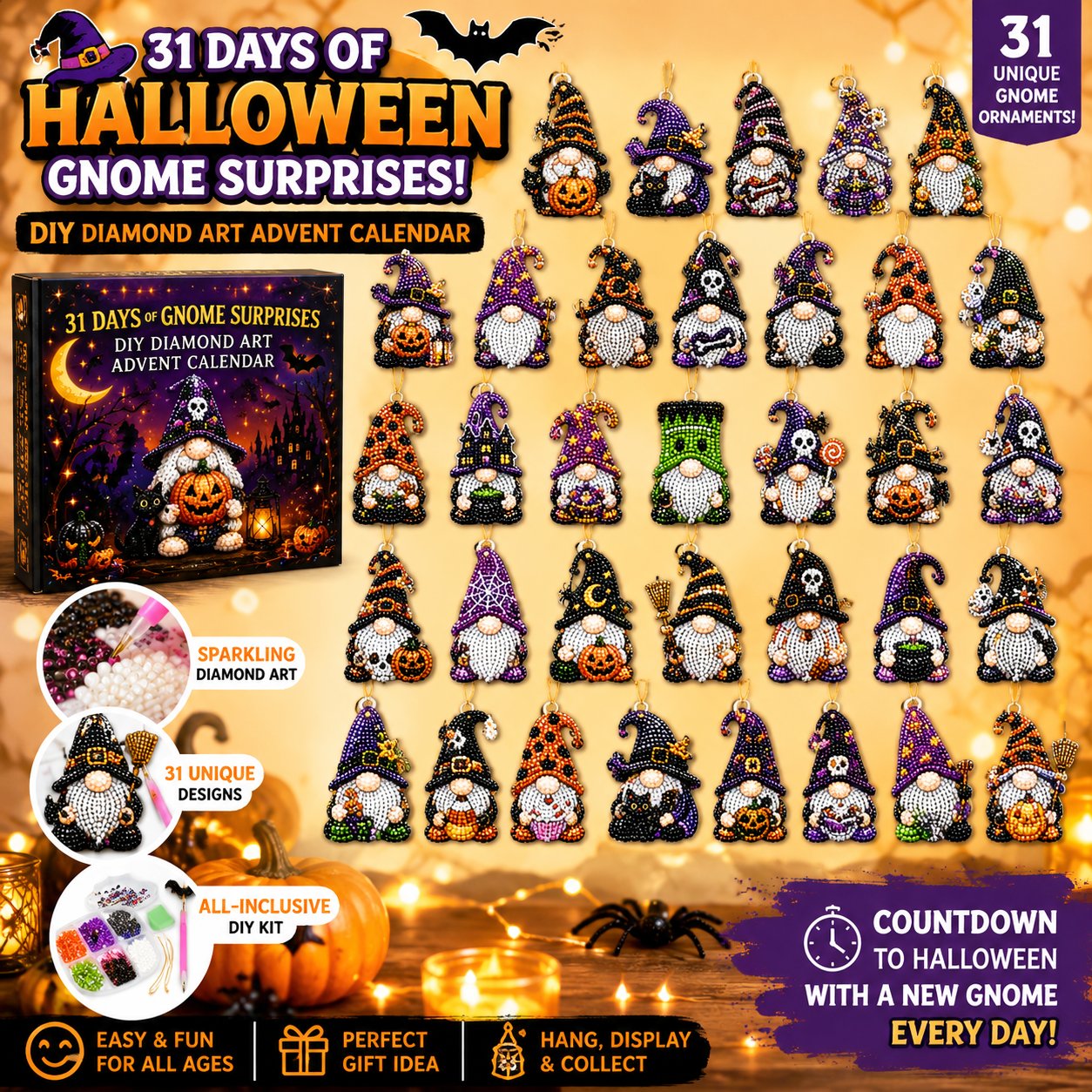 👻 Countdown to Halloween Magic! 🎃✨ 31-Day Gnome Diamond Art Advent Calendar