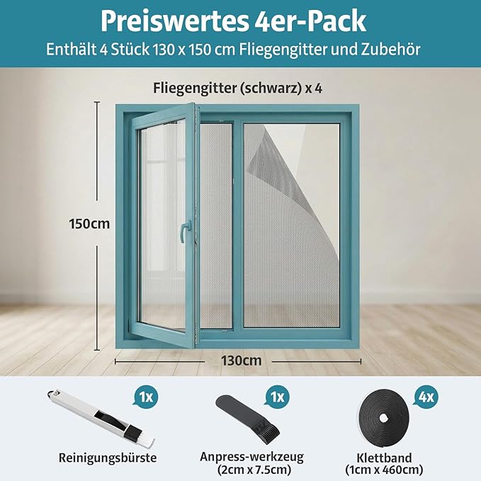 Fliegengitter für Fenster 4 Stück 130x150 cm