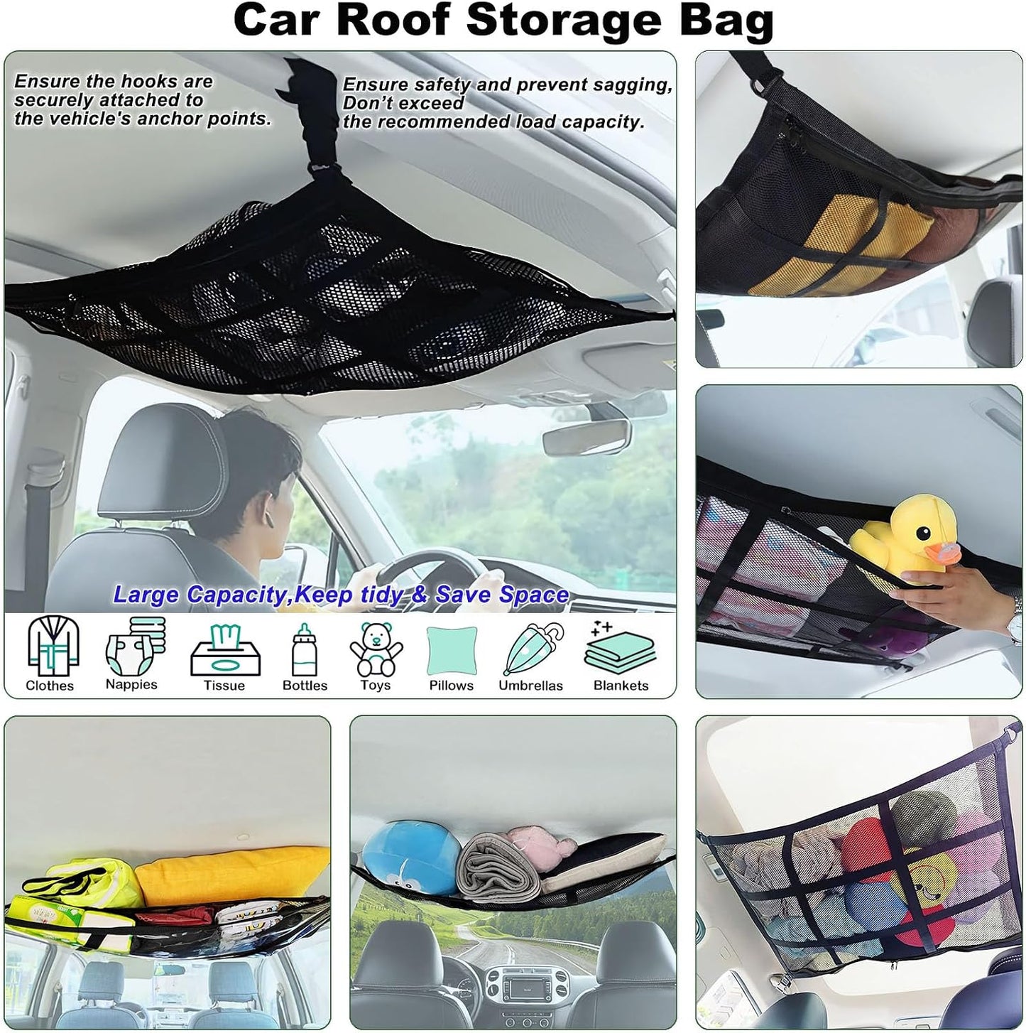 Car Ceiling Cargo Net – Roof Storage Organizer for SUV, Van & Campervan