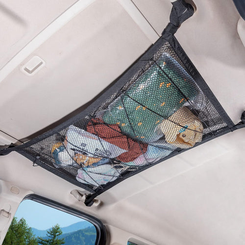 Car Ceiling Cargo Net – Double Layer Zippered Roof Organizer with Anti-Fall Design