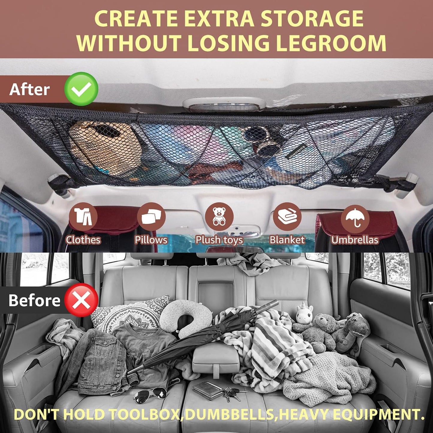 Car Ceiling Cargo Net – Double Layer Zippered Roof Organizer with Anti-Fall Design