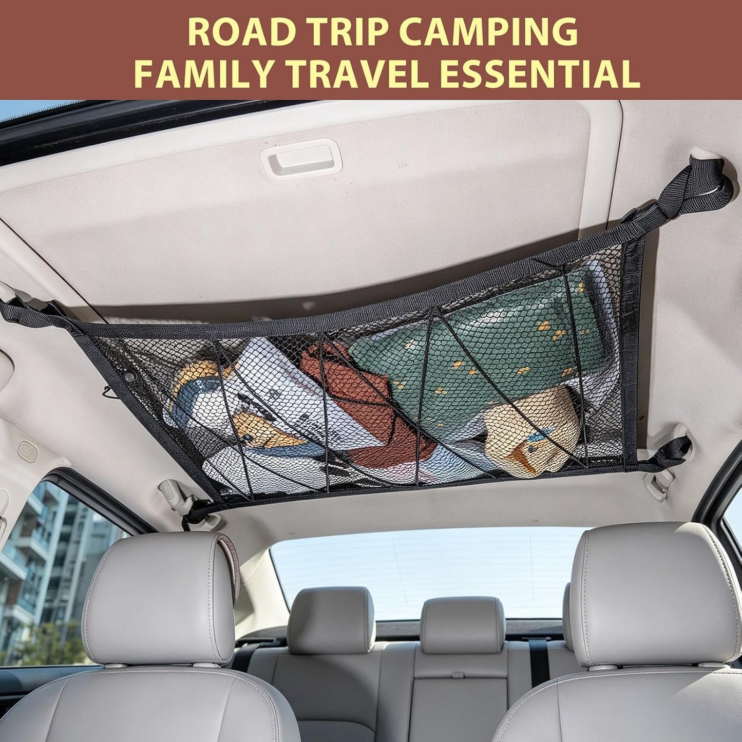 Car Ceiling Cargo Net – Double Layer Zippered Roof Organizer with Anti-Fall Design