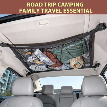 Car Ceiling Cargo Net – Double Layer Zippered Roof Organizer with Anti-Fall Design