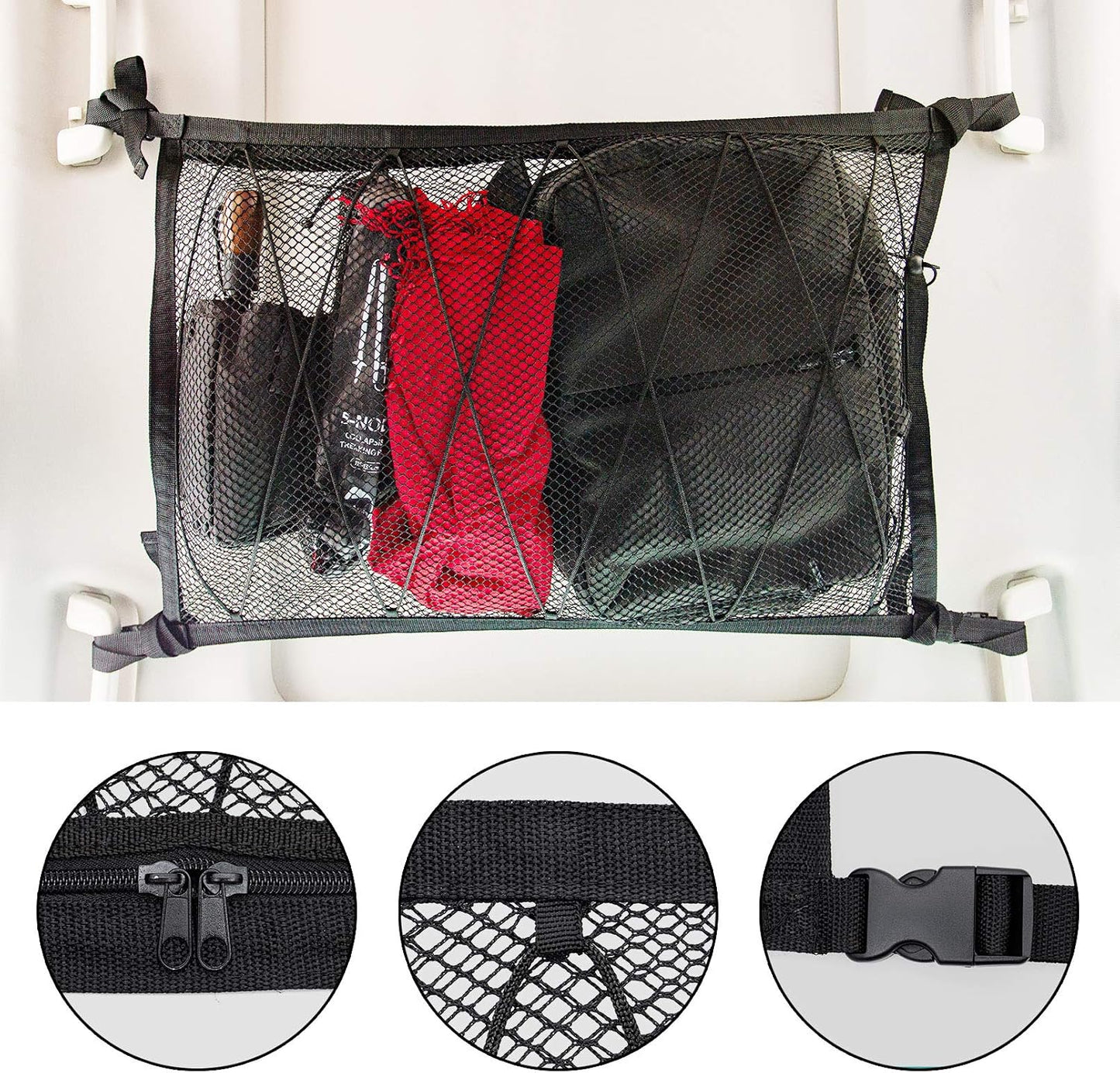 Car Ceiling Cargo Net – Double Layer Zippered Roof Organizer with Anti-Fall Design