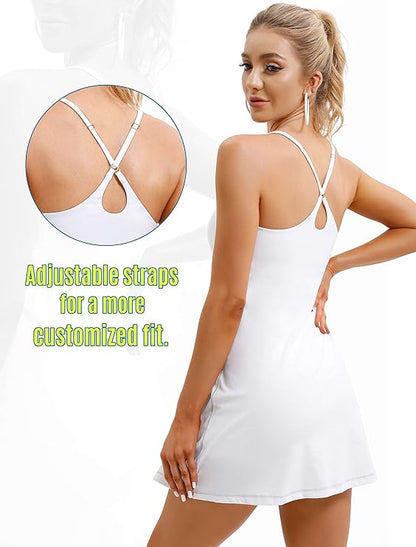 Women's Tennis Dress with Built-In Bra & Shorts – 4-Way Stretch Athletic Dress with Pockets