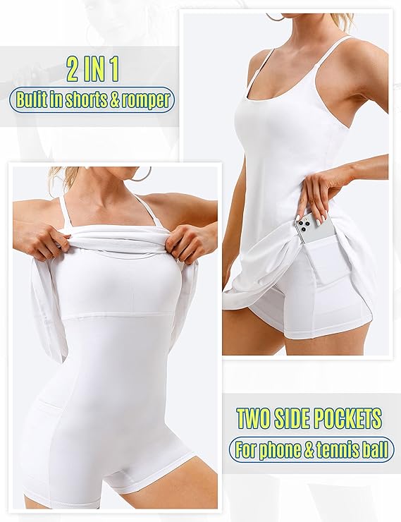 Women's Tennis Dress with Built-In Bra & Shorts – 4-Way Stretch Athletic Dress with Pockets