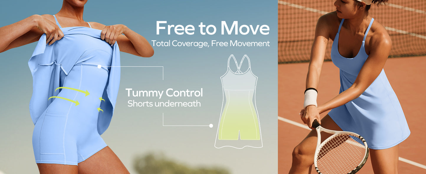 Women's Tennis Dress with Built-In Bra & Shorts – 4-Way Stretch Athletic Dress with Pockets